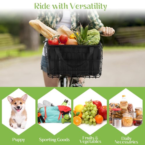 Aodaer Bike Basket with Removable Liner Bag Cargo Net Large Folding Bike Basket Quick Release Metal Ebike Basket Bicycle Storage Basket for Carrying Fruit & Grocery Pets Dogs (Front Basket with Bag)
