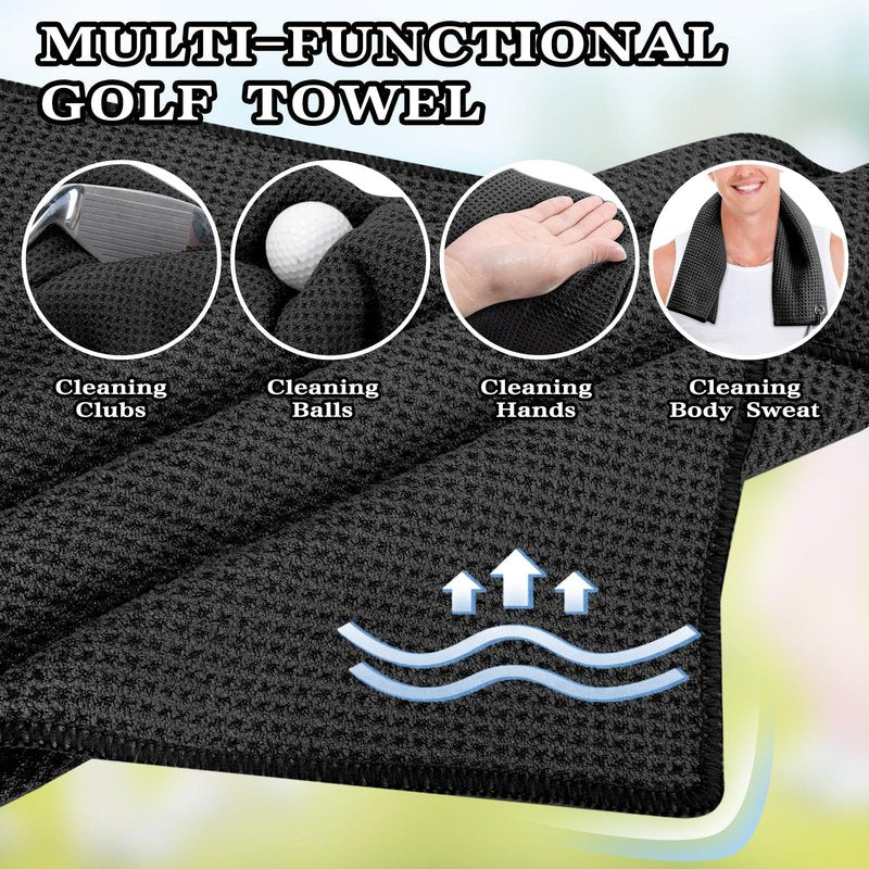 Seticek 2 Pack Golf Towel (16" X 16") with Club Brush, Microfiber Waffle Pattern Golf Towels for Golf Bags for Men,Essential Golf Combo Cleaning Kit (Black+Gray)