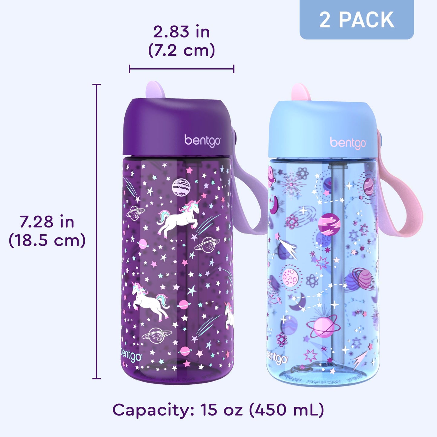 Bentgo Kids Water Bottle 2-Pack - Leak-Proof Durable Tritan BPA-Free 15 oz Cup for Kids/Toddlers Ages 3+; Bite & Sip Spout + Dishwasher Safe for School/Sports/Daycare/Camp (Unicorn/Lavender Galaxy)