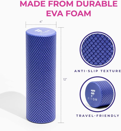 FitOn Recovery Foam Roller - High Density Muscle Recovery and Deep Tissue Massage - Compact 12"x4", Purple