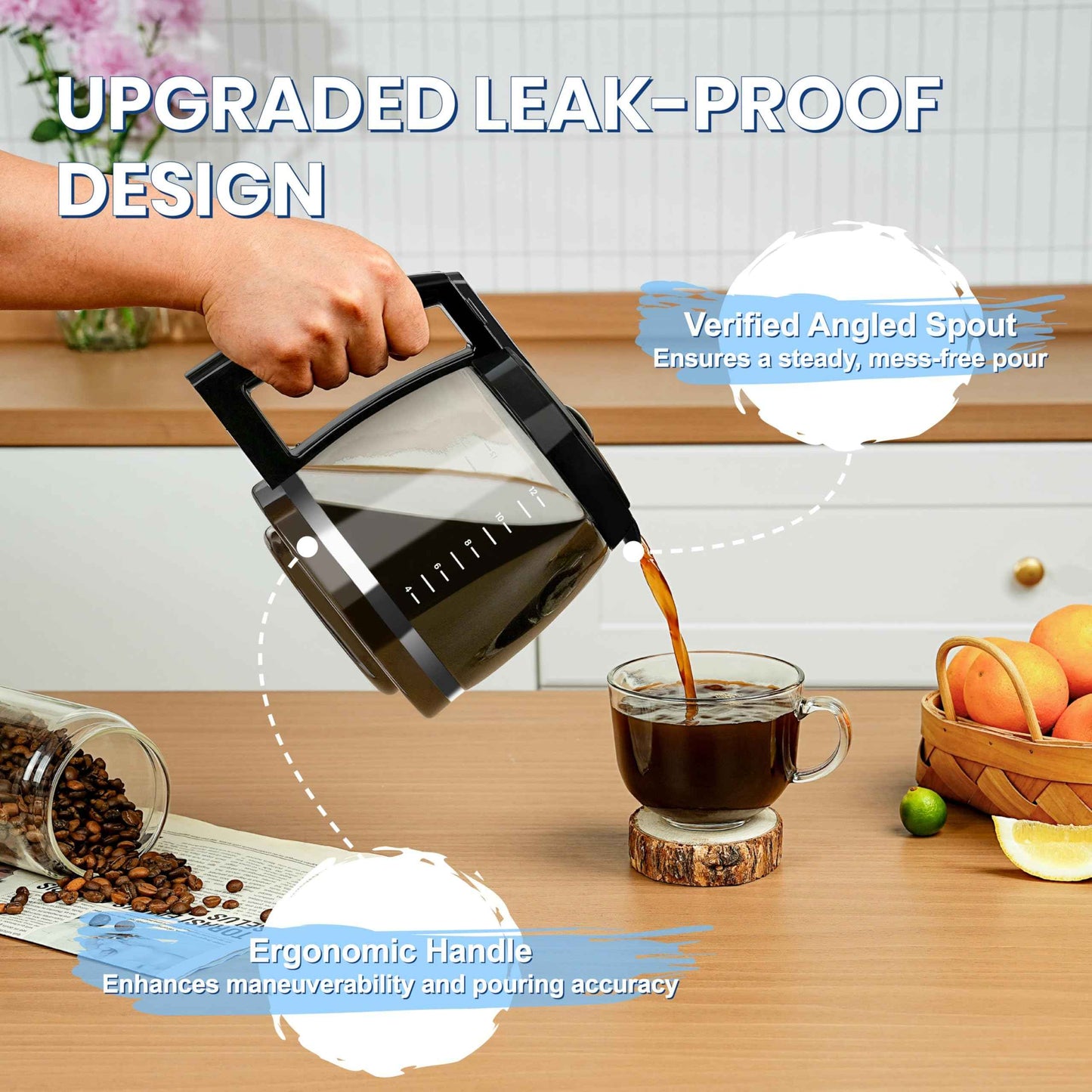 12-Cup Glass Carafe Replacement Compatible With Cuisinart Coffee Maker Models CHW-12, CHW-12P1, DCC-1100BK, DCC-1200, DCC-2650, DGB-550BK, DGB-550BK1, DGB-625BC, DGB-700BC, and SS-12 DCC-1200PRC.