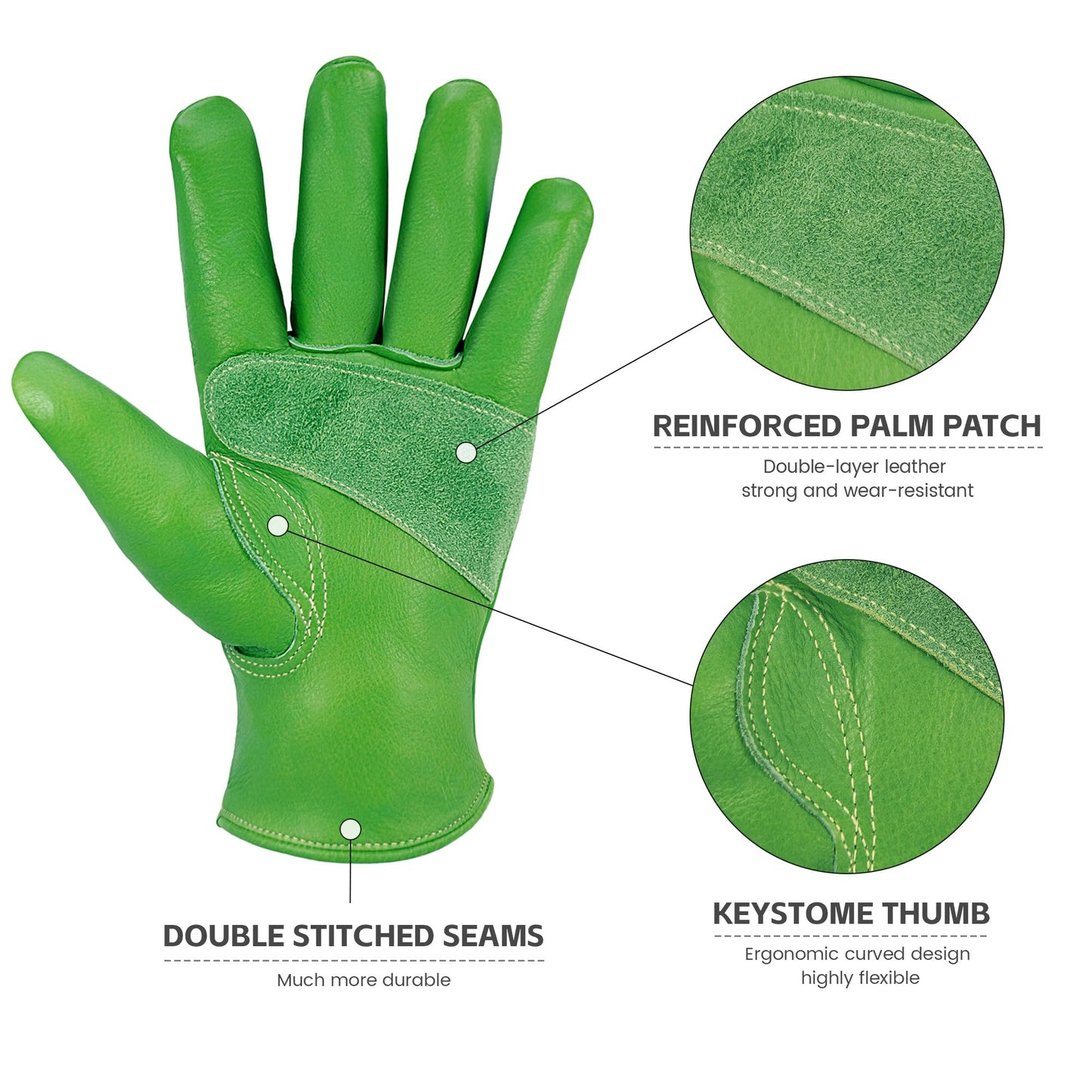 KKOYING Leather Work Gloves for Men & Women, Reinforced Durable Gardening Gloves,Cowhide Work Gloves,Puncture & Cut Resistant (Green, Small)