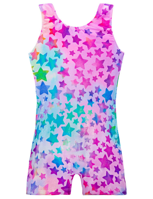 TENVDA Girls Gymnastics Leotards Size 2t 3t Sparkly Hot Pink Stars Print Sleeveless Toddler Kids Tumbling Biketard