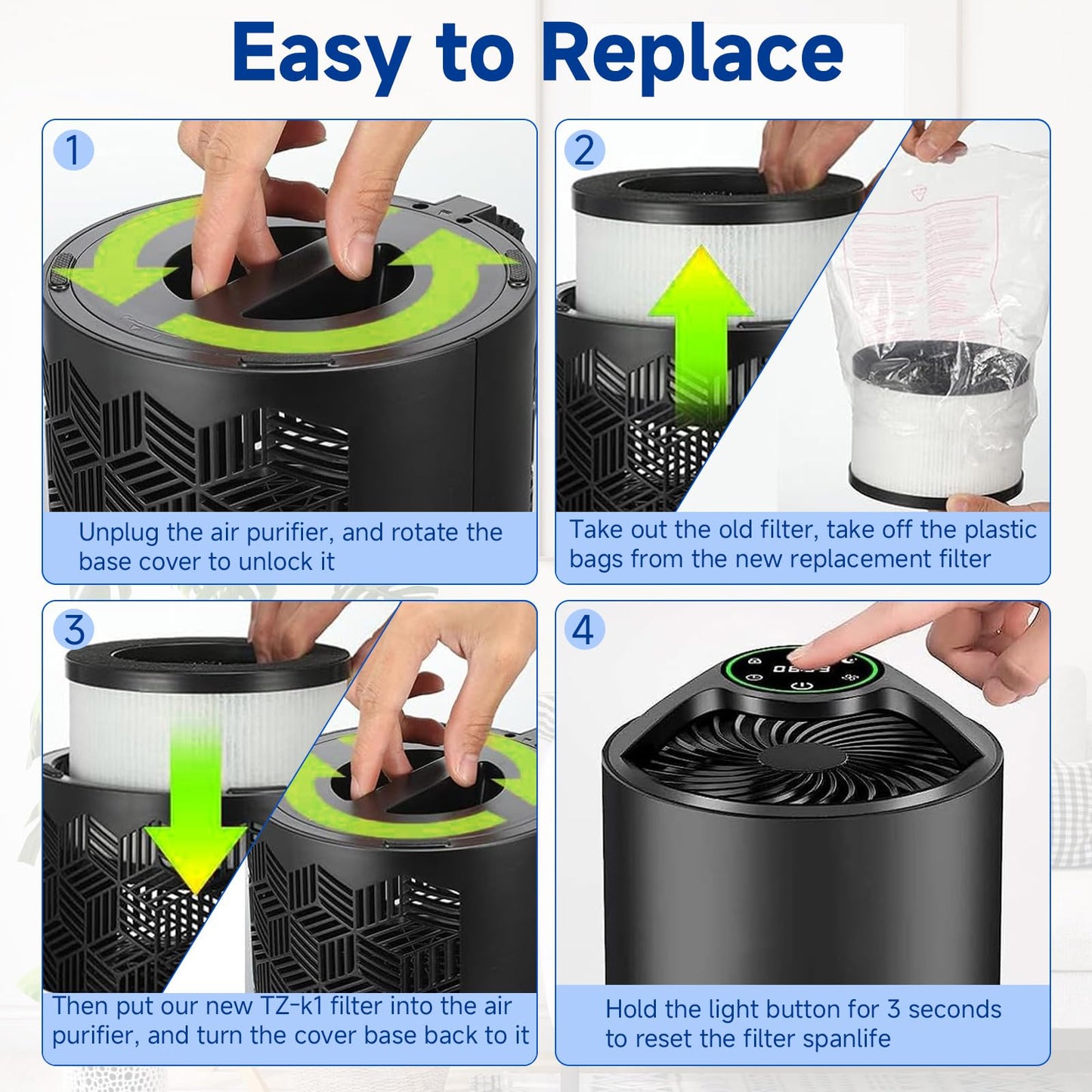 TZ-K1 Replacement Filter Compatible with ToLife TZ-K1 Filter, with FreAire KN6391, with Aroeve MK01 MK06 MG01JH Filter, 3-in-1 H13 HEPA Filter 360° Rotating, Activated Carbon and Pre-filter, 3 Pack