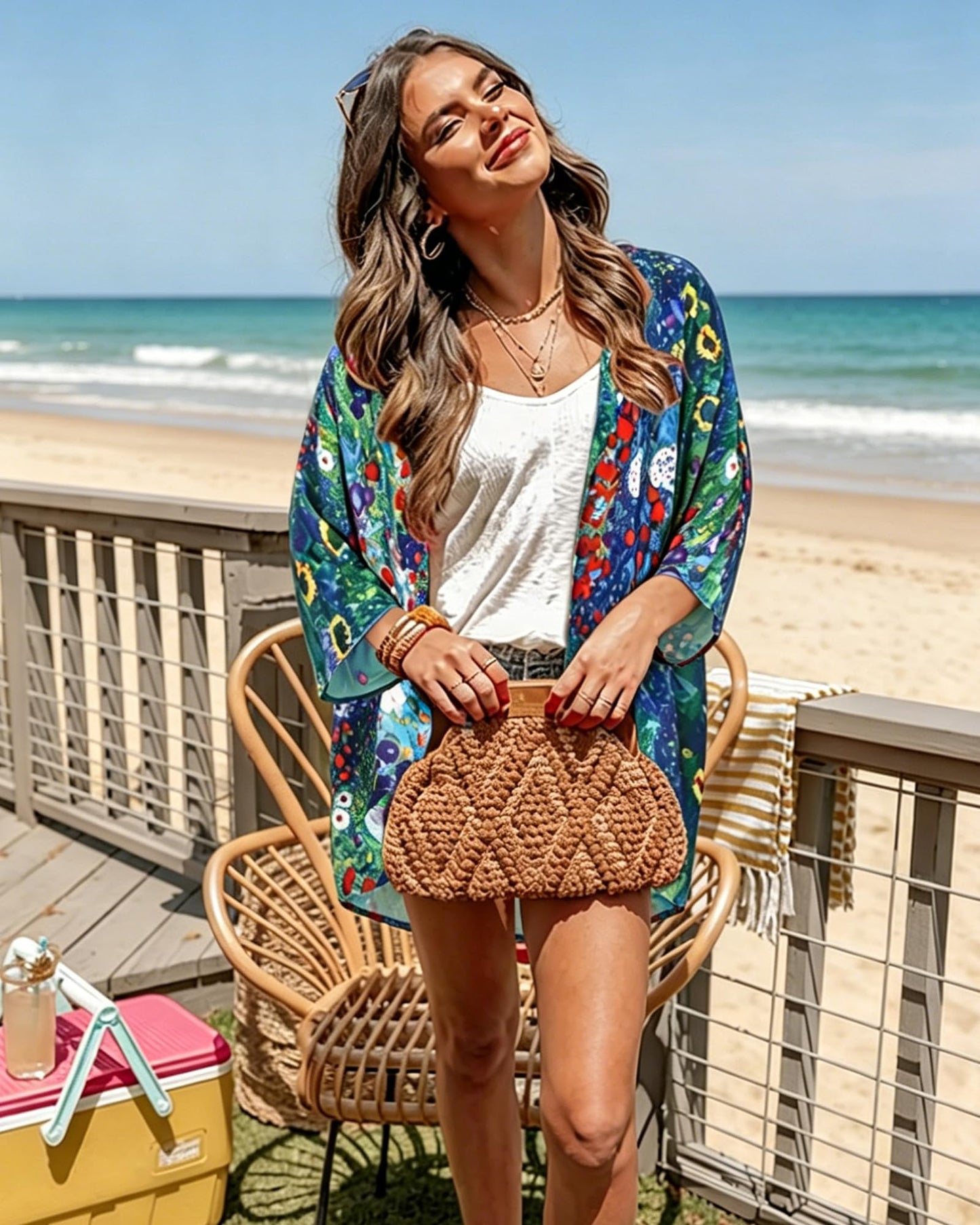 Summer Kimono Cardigan for Women Sheer Hawaii Tops Casual Open Front Swimwear Shirts Beach Cover ups (Green Daisy,L)