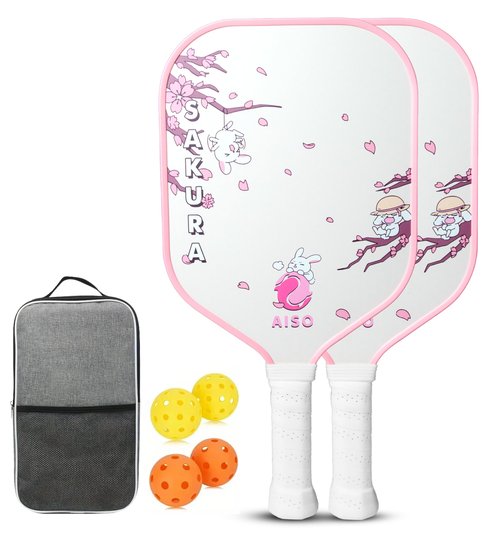 Aiso Sakura | Cute Pickleball Paddles Set of 2 | Premium Starter Set for Beginners with 4 Pickleballs and Portable Carry Bag | Lightweight & Durable Fiberglass with PP Honeycomb Core