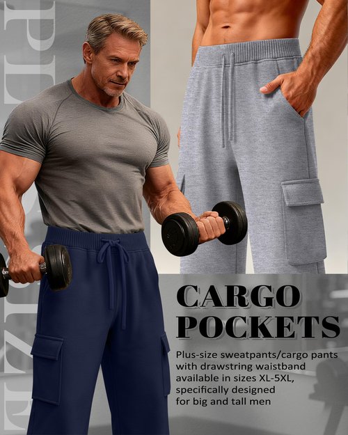 August Alley 3 Pack Big and Tall Men's Cargo Sweatpants Open Bottom Drawstring Elastic Waist Pants with Pockets Casual Hiking(Navy Blue, Light Gray, Black,4X-Large)