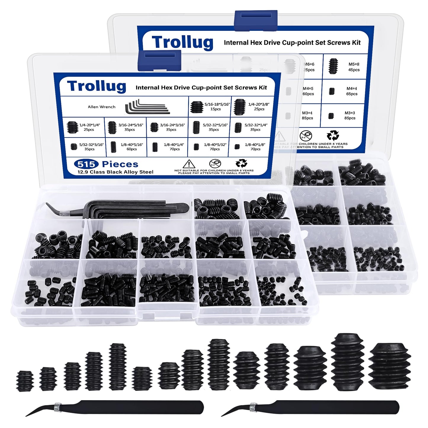1305PCS Metric + SAE Set Screw Assortment Kit, Internal Hex Drive Headless Set Screw Assortment Kit with 10 Hex Wrenches, M3 to M8 and 1/8-40 to 5/16-18 (Black Alloy Steel)