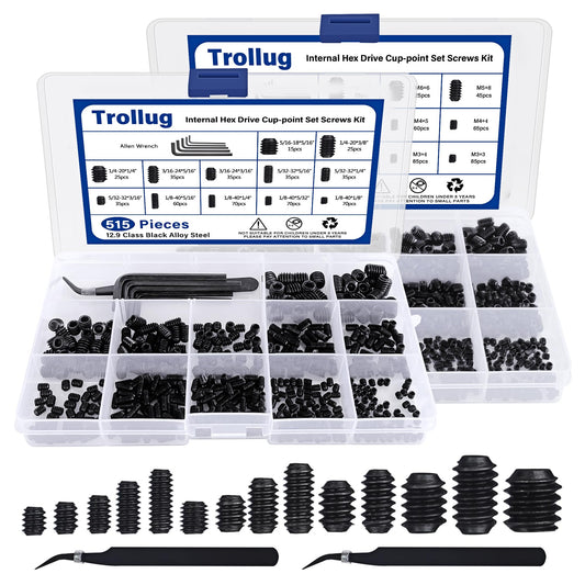 1305PCS Metric + SAE Set Screw Assortment Kit, Internal Hex Drive Headless Set Screw Assortment Kit with 10 Hex Wrenches, M3 to M8 and 1/8-40 to 5/16-18 (Black Alloy Steel)