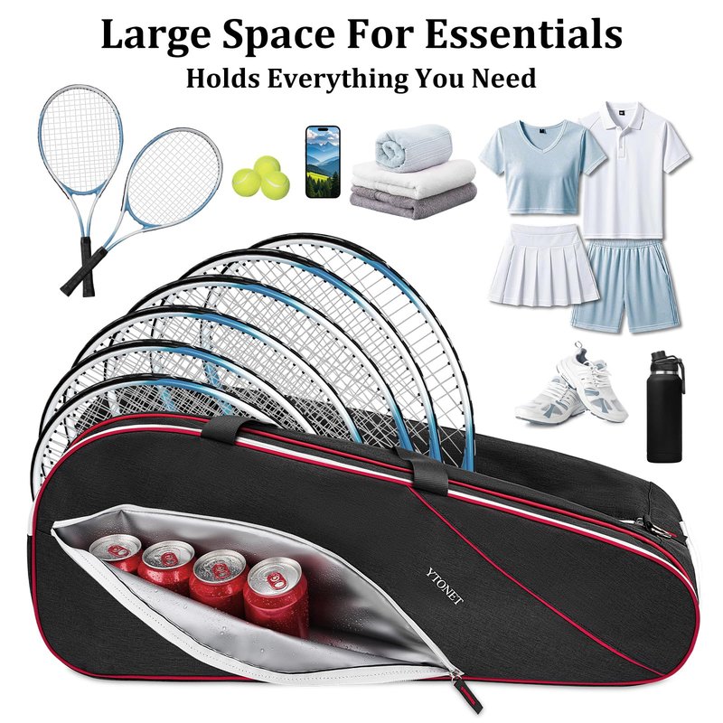Ytonet Tennis Bag 6 Rackets, Large Tennis Racket Bag for Men Women with Insulated Pocket Shoe Compartment Water Resistant 3-Ways Carry Padded Badminton Cover for Pro/Team/Familiy Training, Black