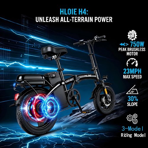 HLOIE Folding Electric Bike - 750W Motor, 23MPH Max Speed | 14" Ebike with 48V 12AH Battery, 35 Miles Range