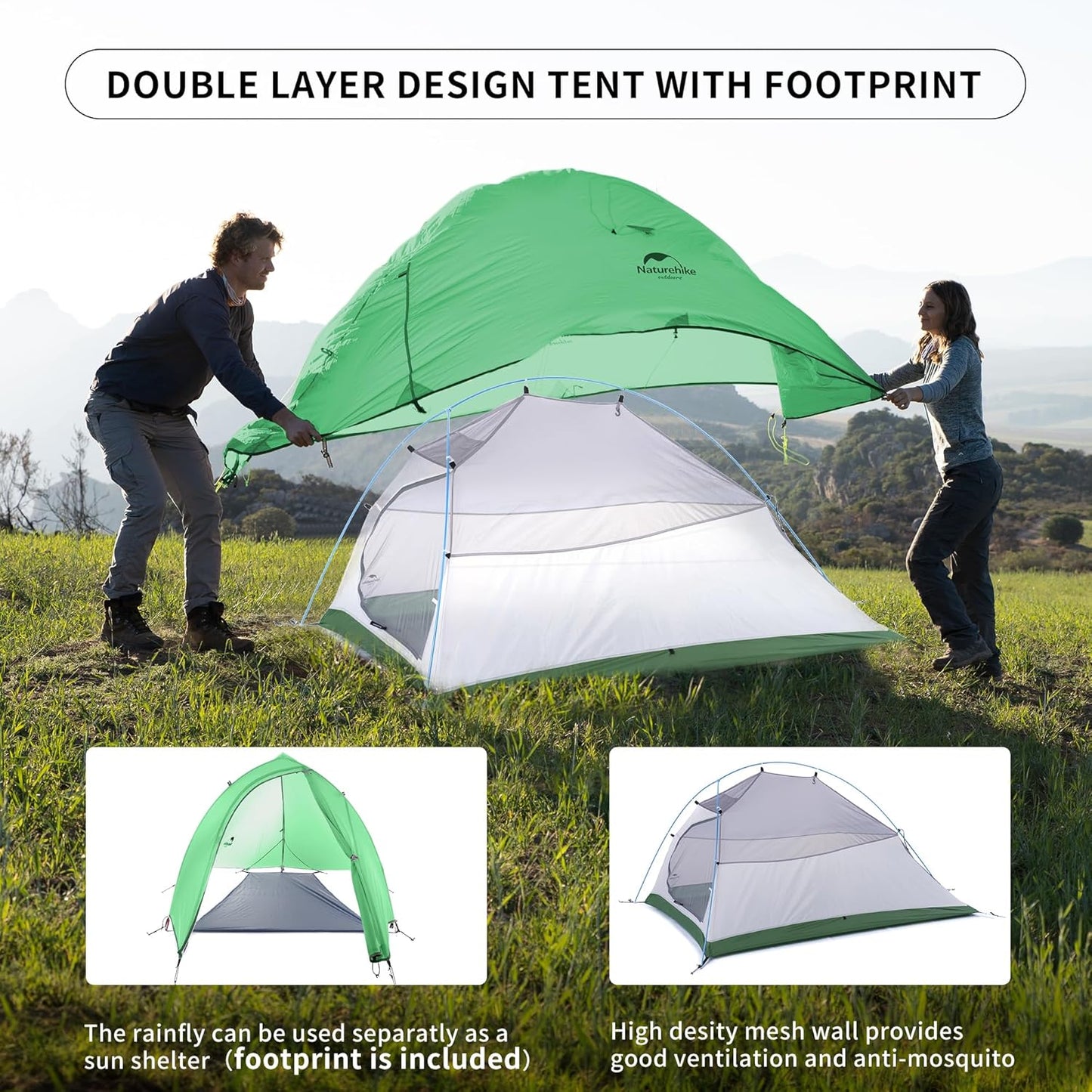 Naturehike Cloud-Up 2 Person Tent - Lightweight Ultralight Backpacking Tent with Footprint | Free Standing Design