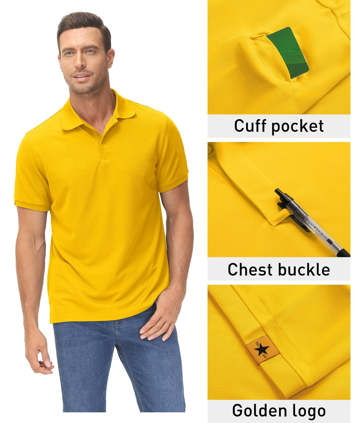 ZITY Mens Polo Shirt Short Sleeve Sports Tactical T-Shirt Athletic Golf Polos Daily Casual Stylish Collared Shirts for Men Yellow 4X-Large