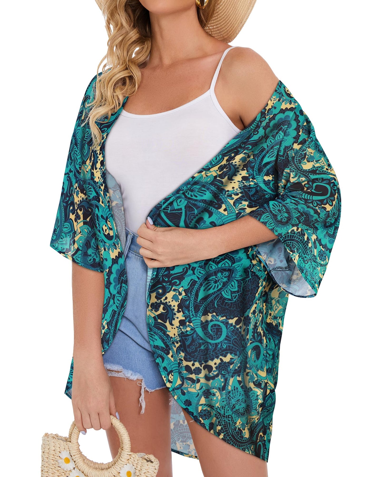 Women's Floral Kimono Print Puff Sleeve Loose Cardigan Cover Up Casual Blouse Summer Tops (Blue Yellow Floral, M)