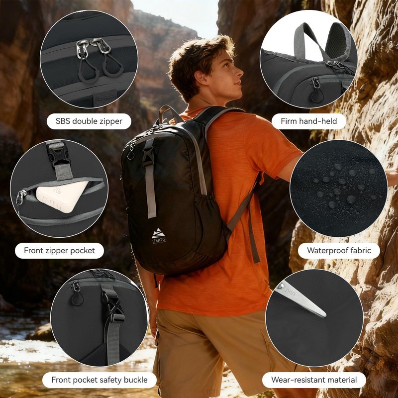 UtiaMiaoGonGo 15L Small Hiking Backpack for Men Women Lightweight Packable Backpack Foldable Casual Daypack for Camping Travel Outdoor, Black