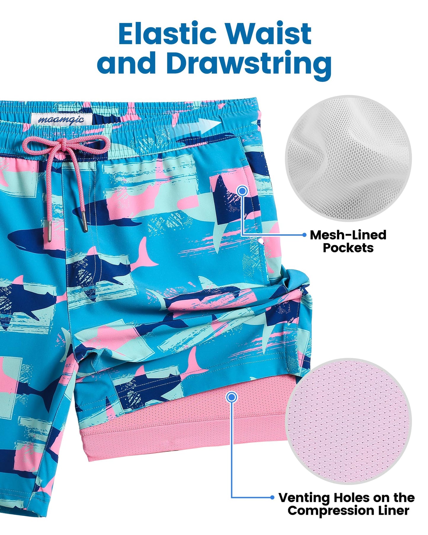 maamgic Mens Swim Trunks with Compression Liner 7 Inch Inseam Mens Bathing Suit Quick Dry Swimming Trunks Swimsuit Shark Blue Pink Medium