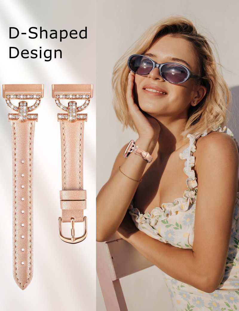 Minyee Leather Bands Compatible with Fitbit Versa 4/Versa 3/Sense 2/Sense Band for Women, Dressy Bling Slim Leather Strap with D-shaped Diamonds Metal Buckle for Versa 3