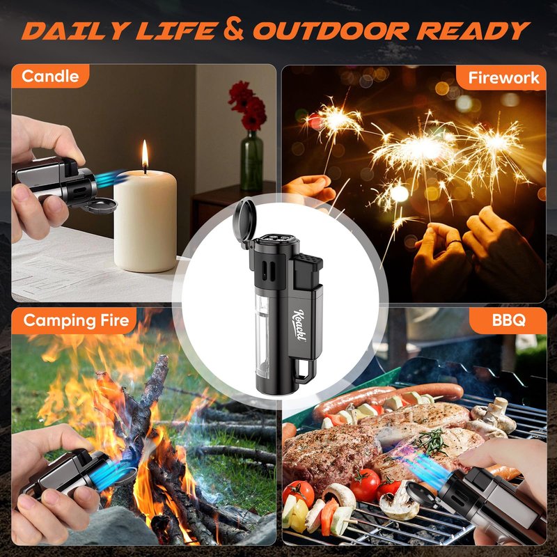 KOACKL Torch Lighter, Refillable Windproof Adjustable Quad Jet Flame Butane Lighter for Candle Grill BBQ Camping Fireworks, 2 Pack (No Fuel Included)