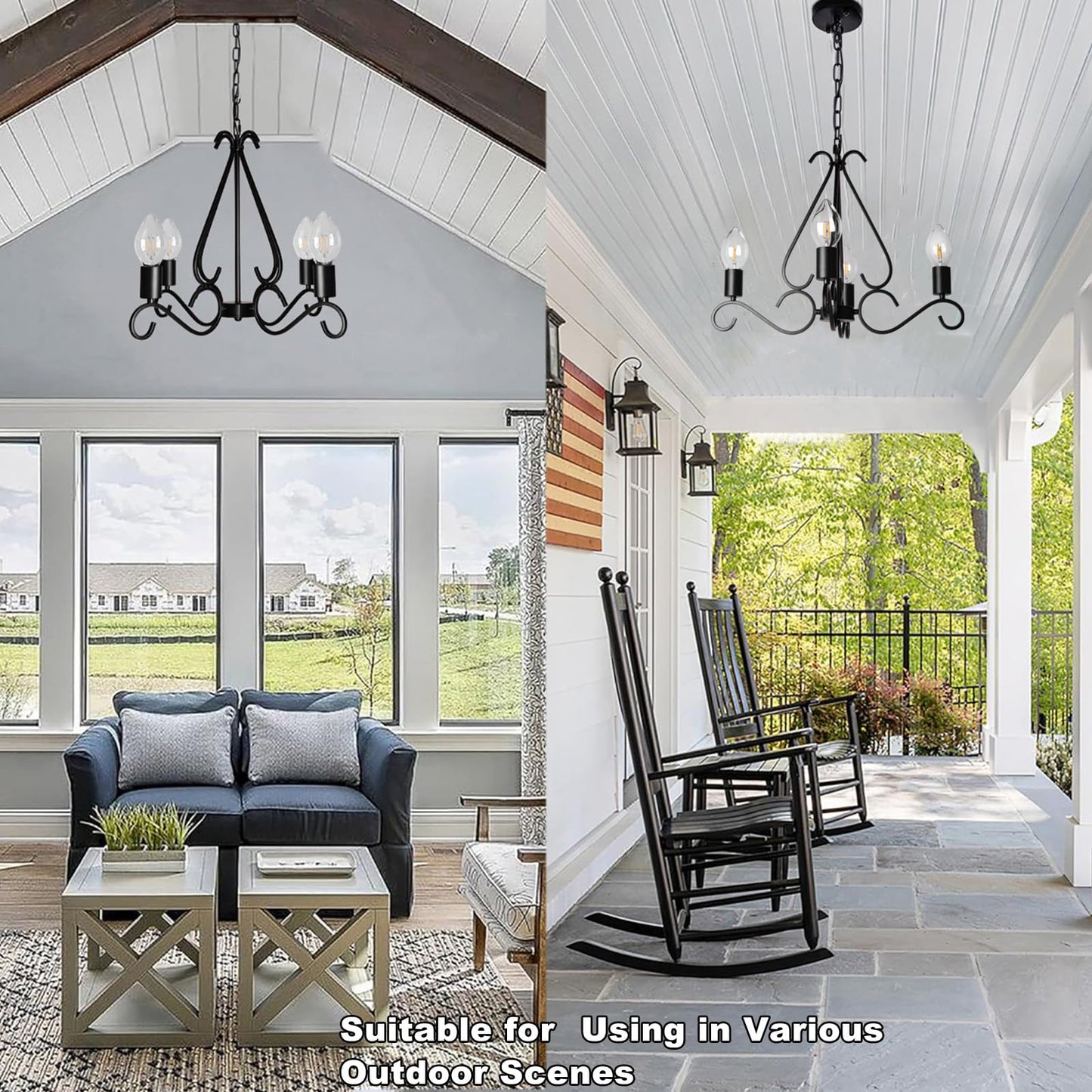 TWINKVILLA Solar Chandelier Outdoor, 4-Lights 23" Rustic Farmhouse Industrial Iron Chandeliers Waterproof Dimmable Hanging Pendant Lights for Gazebo, Pergola, Canopy, Tent Decor