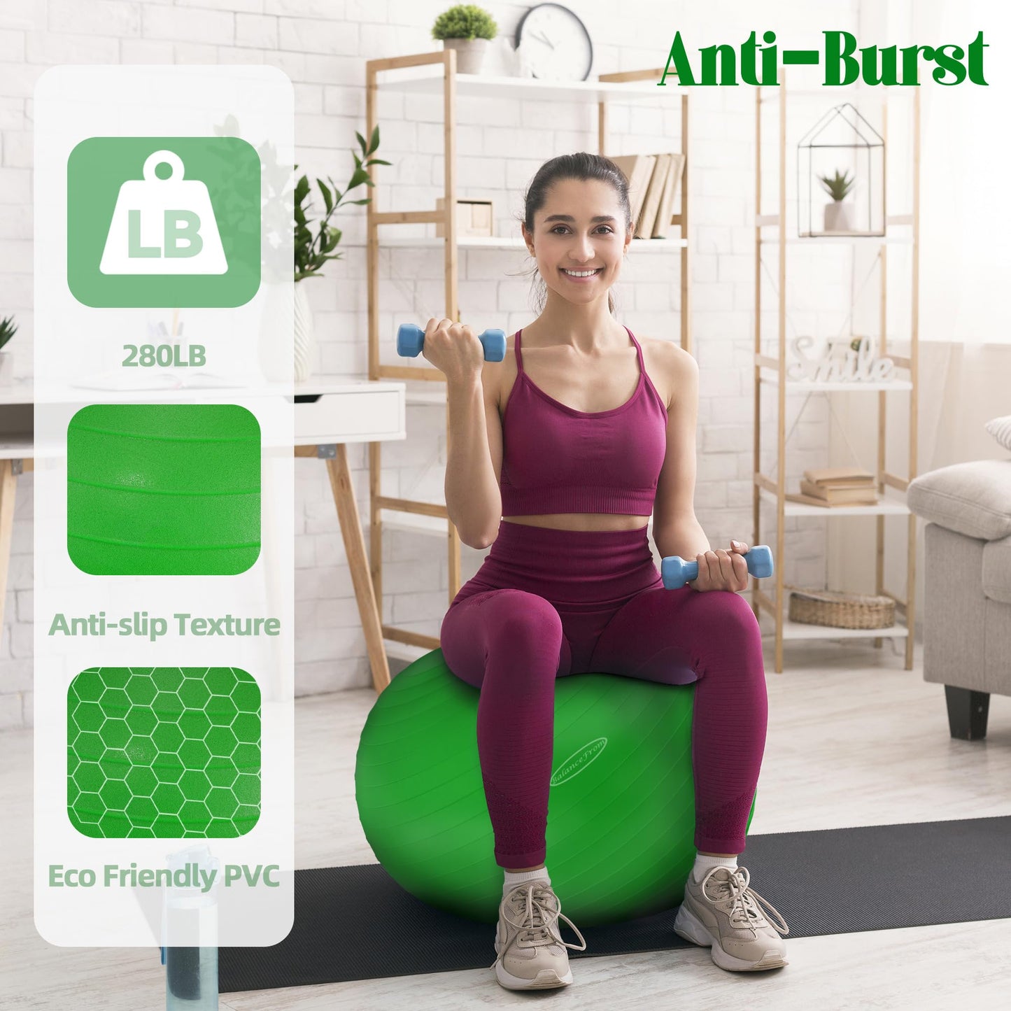 Fitvids Anti-Burst and Slip Resistant Exercise Ball Yoga Ball Fitness Ball Birthing Ball with Quick Pump, 2,000-Pound Capacity, Green, 26-inch, L