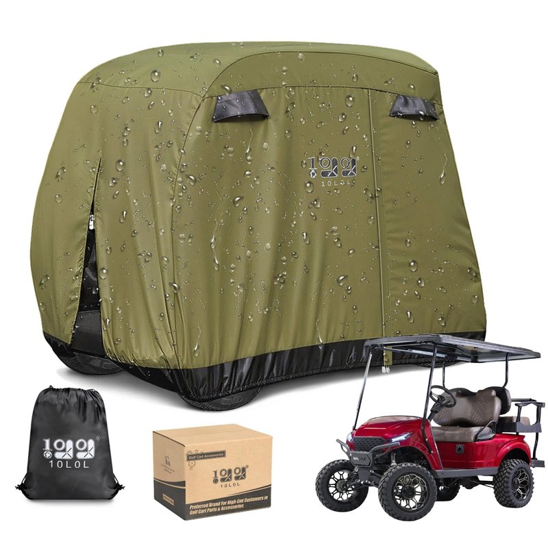10L0L Universal Golf Cart Covers for Yamaha,Club Car, EZGO, Waterproof 2/4 Passenger Heavy Duty Golf Cart Rain Covers Extended Roof with 3 Zipper Doors (Green)