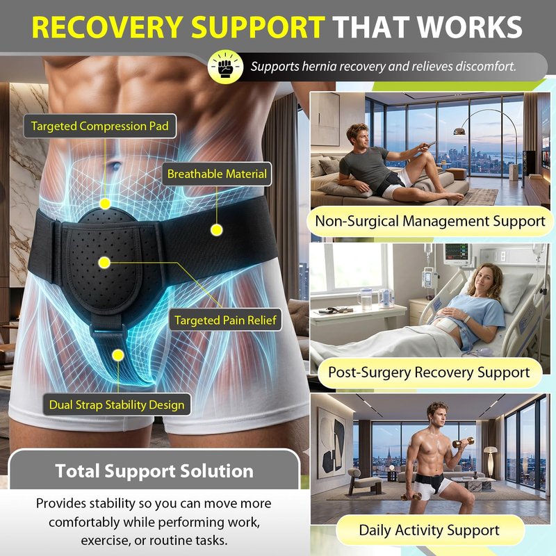 BLITZU Inguinal Hernia Support Belt for Men & Women, Adjustable Left or Right Side Hernia Truss with Removable Compression Pad, Slim Groin Support Belt for Everyday Wear Black S-M