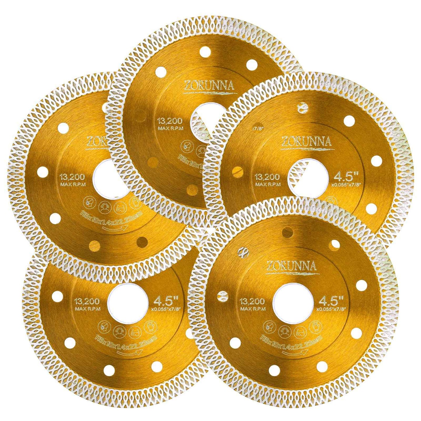 ZORUNNA 5Pcs Diamond Blade for Angle Grinder, Super Thin 4.5" Diamond Blade for Grinder, Chip-Free Tile Cutting Blade for Dry and Wet Cutting Porcelain Ceramic Granite Marble Tile