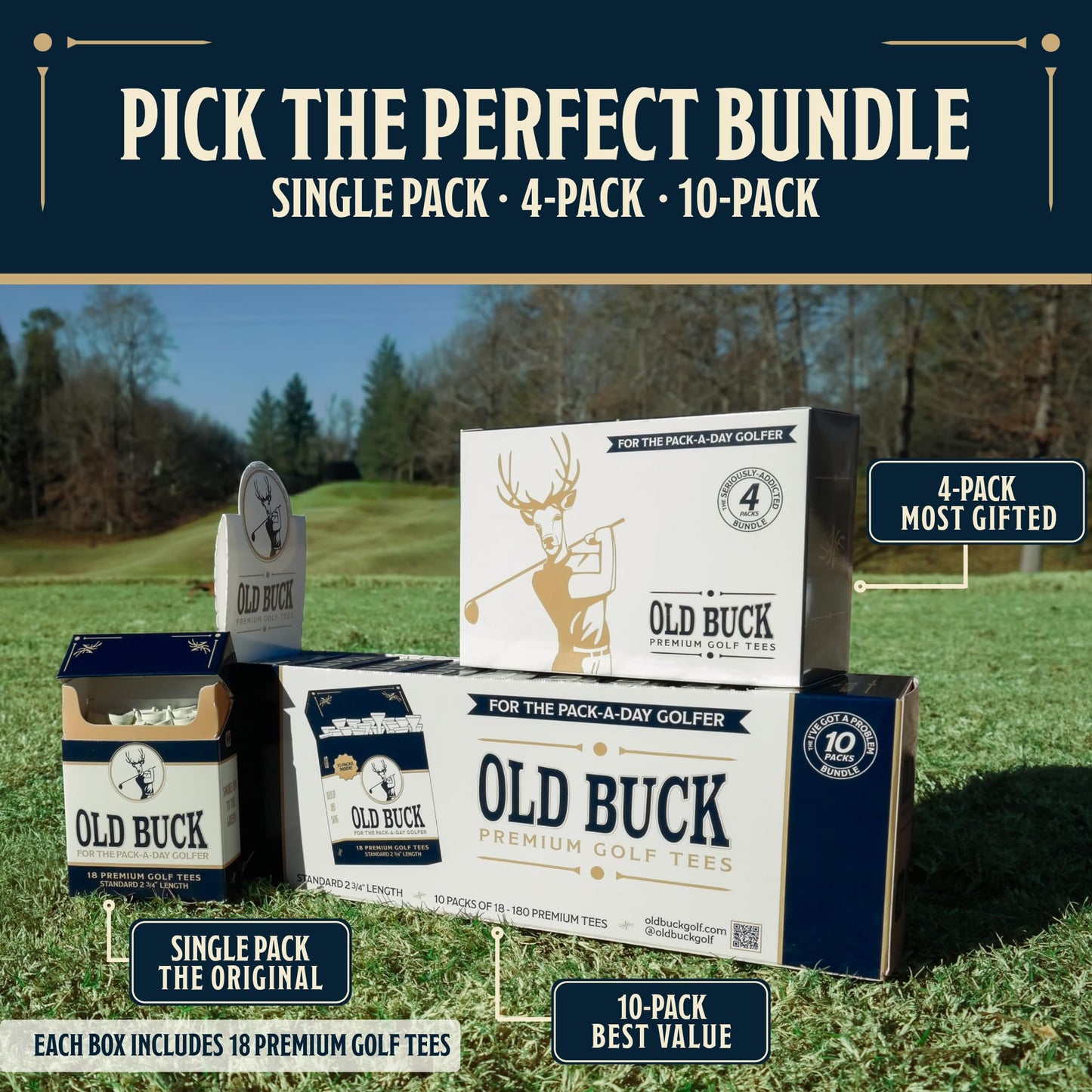 Old Buck 2 3/4" Bamboo Golf Tees, Premium Wooden Driver Tees in Cigarette-Style Carton — 18 Tees — Novelty Golf Gift for Men, Dad & Groomsmen (4 Pack (72 Tees))