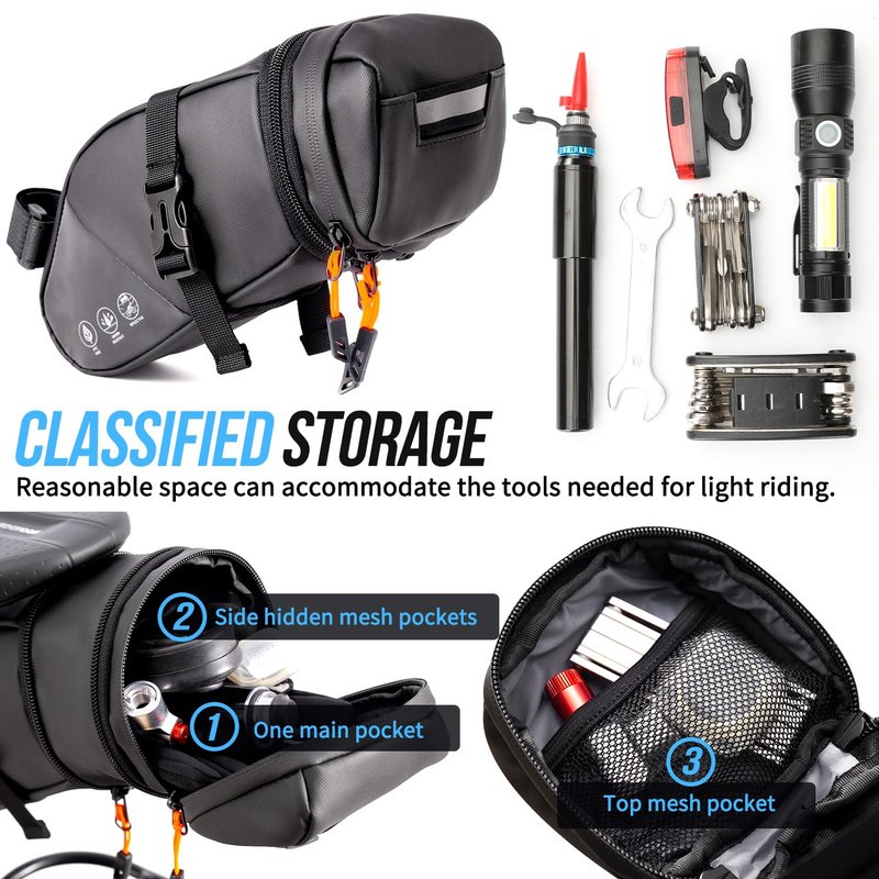 WOTOW Bike Saddle Bag - Waterproof Bike Seat Bag Expandable to 2L - Reflective Bicycle Under Seat Storage Pouch for Road Mountain Bike Cycling Travel