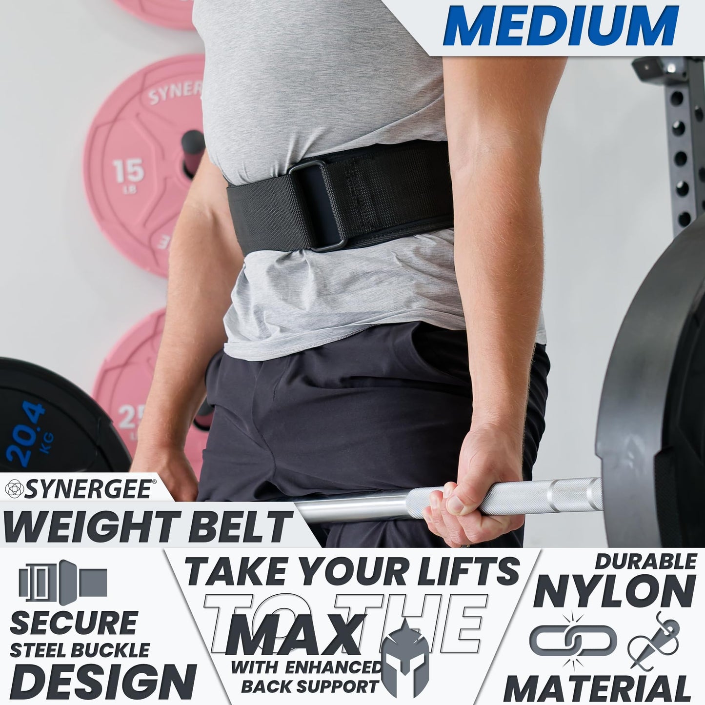 Synergee Weightlifting Belt 5” Padded Support for Squats Deadlifts Powerlifting & Cross Training - Medium