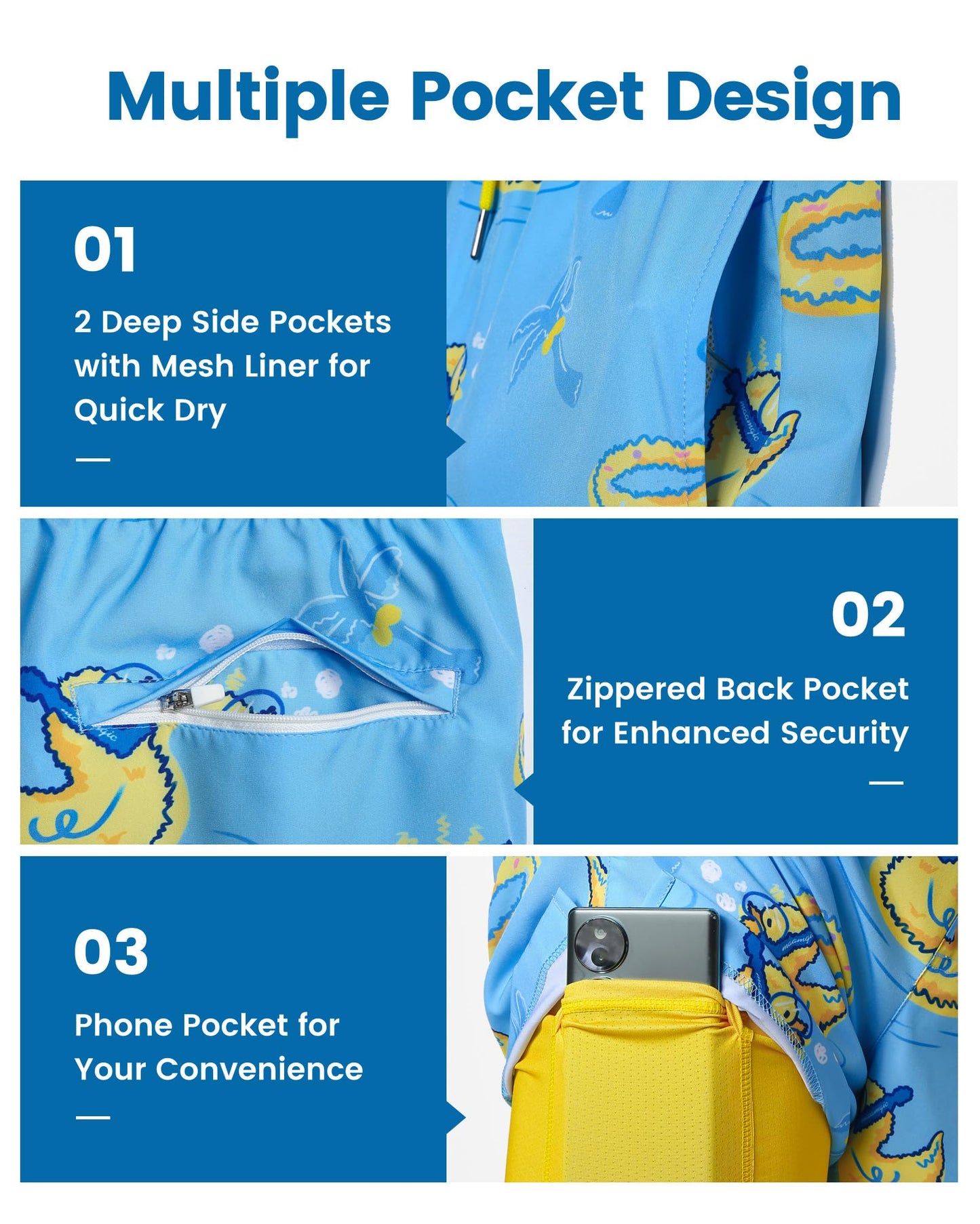 maamgic Mens Swim Trunks with Compression Liner 7 Inch Inseam Mens Bathing Suit Quick Dry Swimming Trunks Swimsuit Swimming Duck Blue and Yellow X-Large