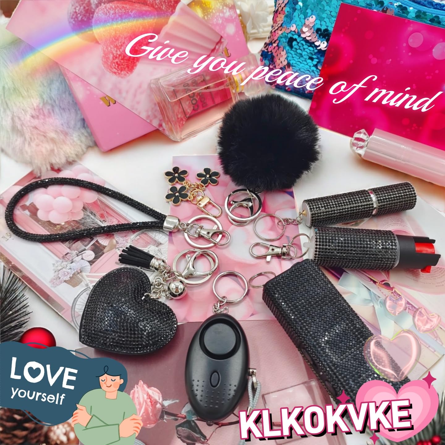 KLKOKVKE Women Keychain Gift Set with Wrist Strap, Heart Decor