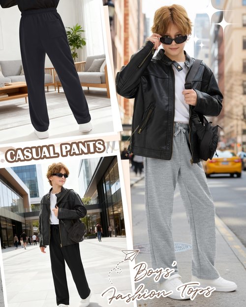LessonZoo 4 Pack Boys Sweatpants Straight Leg Open Bottom Athletic Joggers Lightweight Elastic Waist Pants with Pockets(Black, Dark Gray, Heather Gray, Light Heather Gray,13-14 Years)