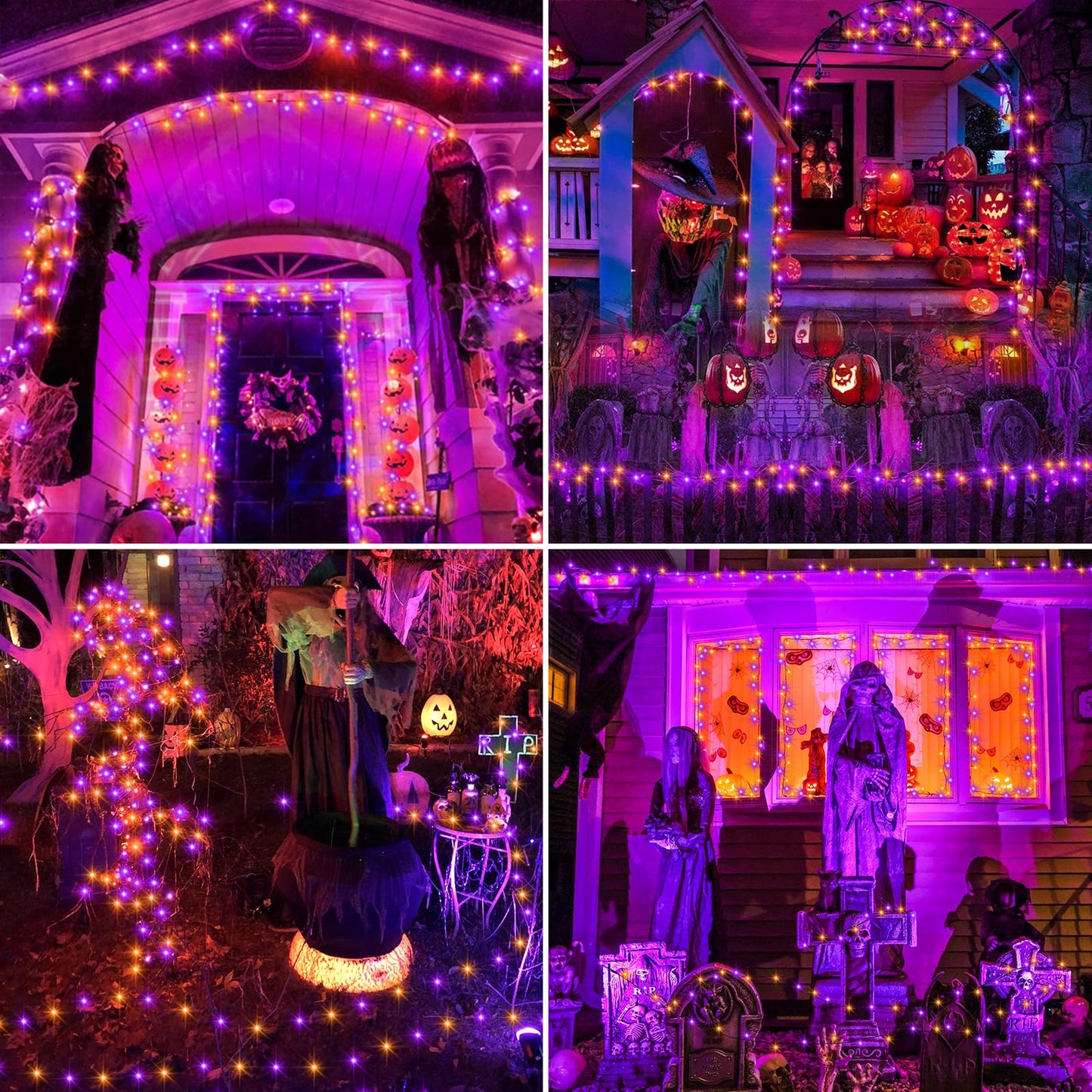 Connectable 400 LED Halloween String Lights, Motion Sensor Scary Sound 66Ft Orange and Purple Halloween Lights Outdoor Waterproof 4 Sound Effects for Yard Party Tree Decor