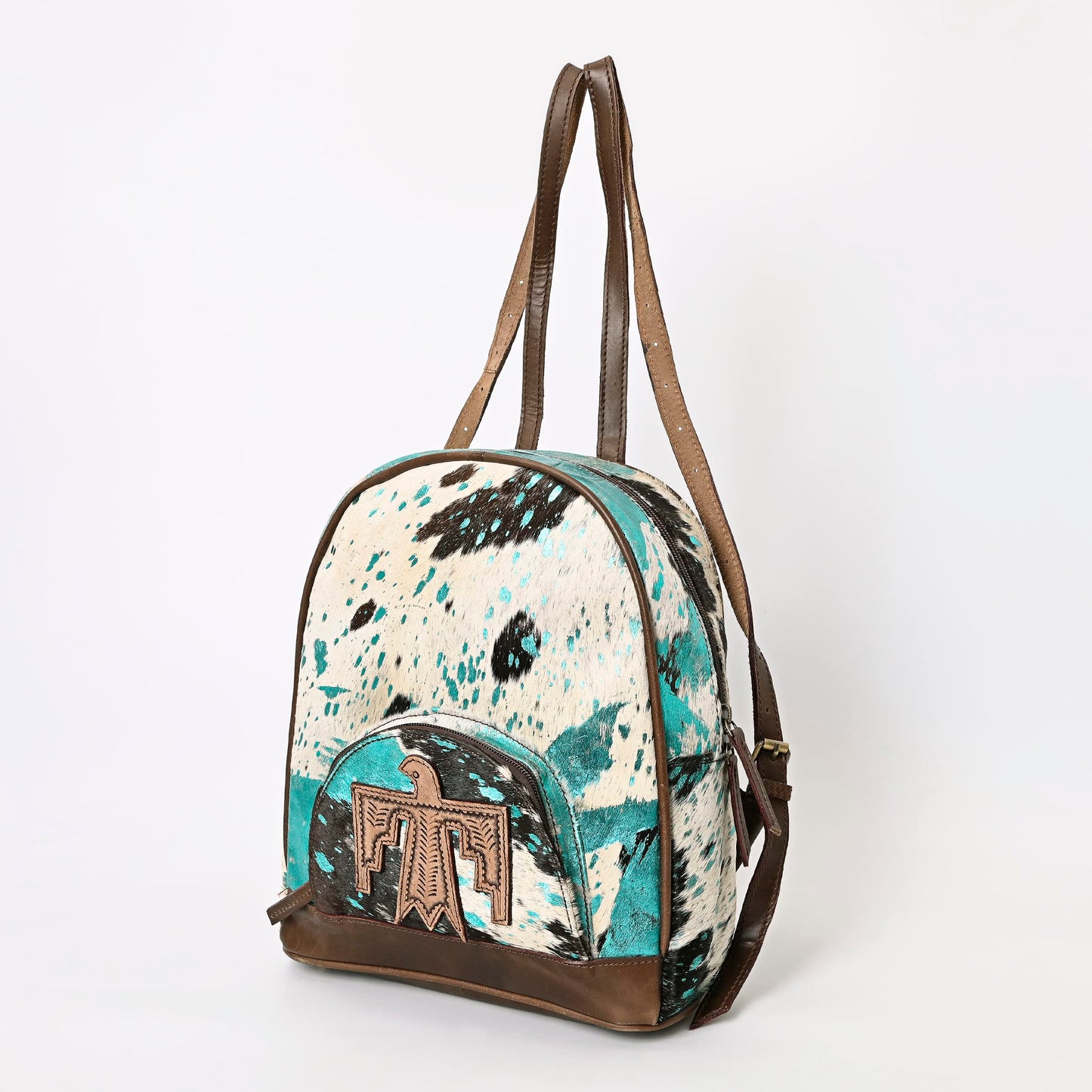 Merbaa Handmade Cowhide Leather Cotton Lining Zipper Closure Fashion Backpack For Women With Eagle Tooling Patch in Front, Teal Blue