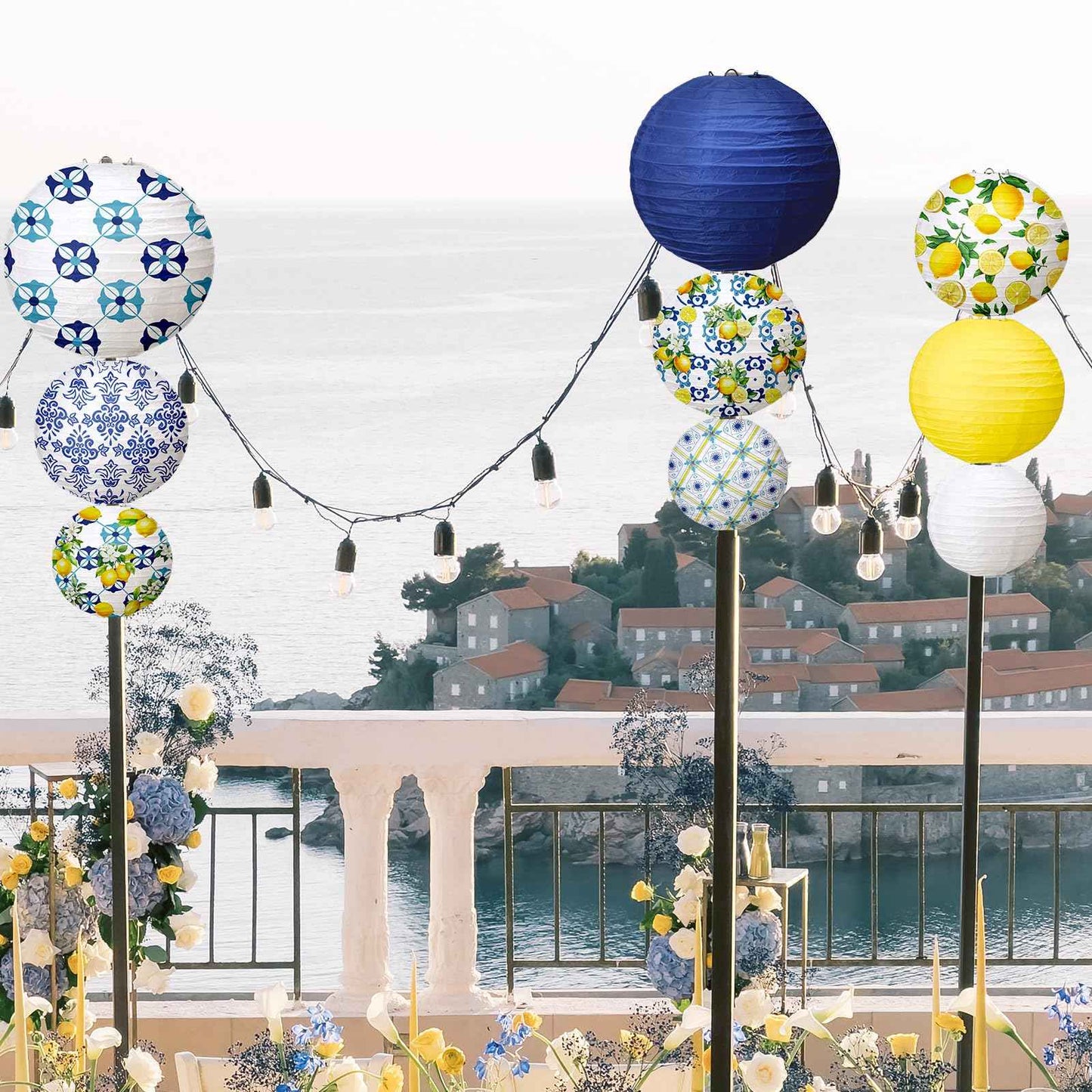 Rossesay 12 Pcs Paper Lantern Kit Amalfi Coast Capri Positano Lemon Party Supplies Summer Mediterranean Decorations Yellow Green White Lemon Pattern for Baby Shower Wedding Birthday Decorations