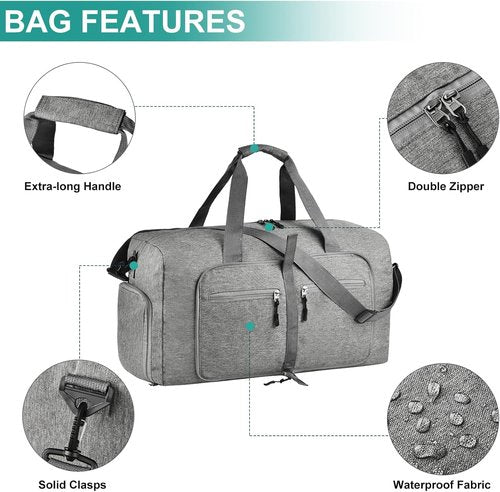 Dimayar 65L Travel Duffle Bag - Waterproof Foldable Duffel with Shoes Compartment | Gray