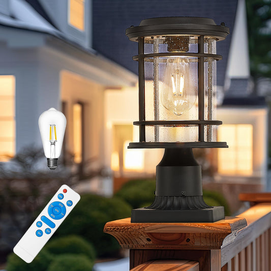 Emliviar 13 Inch Outdoor Solar Post Light, Dusk to Dawn Post Lighting Fixture with Remote Control, Removable Pier Mount with Seeded Glass, XE229P-SL BK