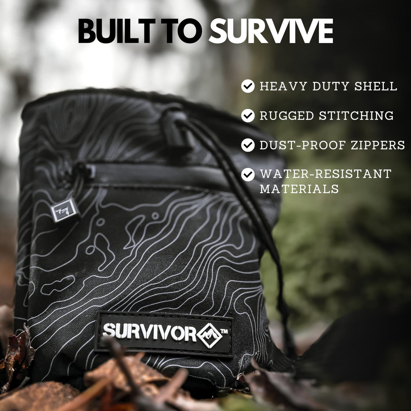 SURVIVOR Chalk Bag - Rock Climbing Chalk Bag for Rock Climbing, Bouldering, Weight Lifting, & More - Draw String Closure, 2 Zippered Pockets & Brush Holder - Gym Chalk Holder & Rock Climbing Bag