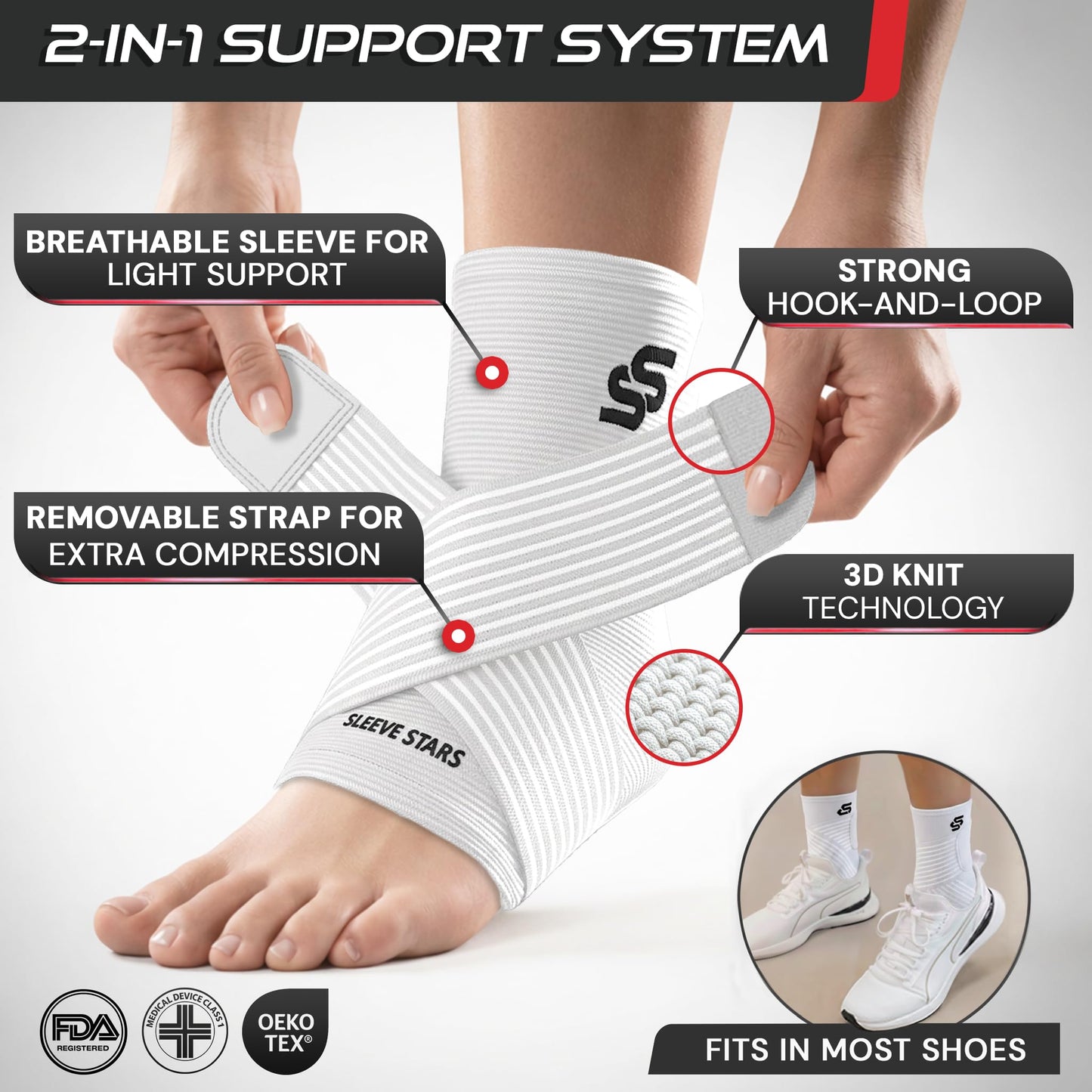 Sleeve Stars Ankle Brace for Women & Men, Ankle Wrap for Sprained Ankle, Compression Sleeve for Plantar Fasciitis Relief, Easy Customizable Support: w/Removable Strap (Single/L:12"-13"/White)