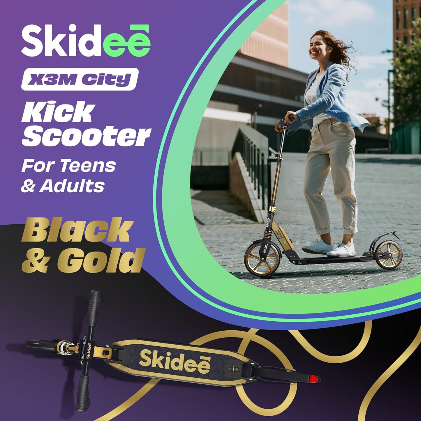 Skidee Adult & Teen Scooter - Adjustable Height, Lightweight & Durable with Large Wheels | Anti-Shock Suspension, 220 lbs Capacity