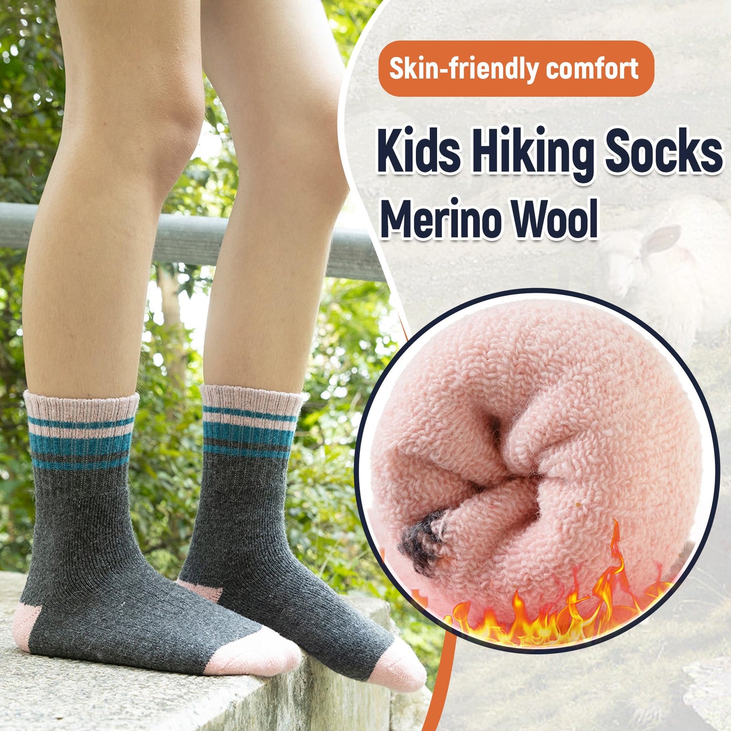 AMENLAN Kids Merino Wool Hiking Socks Boy Girls Winter Thick Boot Cushion Warm Thermal Crew Socks 6 Pairs (Purple Stripes,8-12 Years)