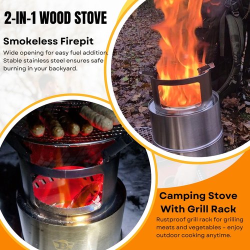 Bestargot Camping Wood Stove, Extra Large Size 8 x 12 inches, Portable Smokeless Fire Pit, Stainless Steel, Windproof & Stackable Gas Burner for Camping, Hiking, Fishing, Hunting, Survival Stove