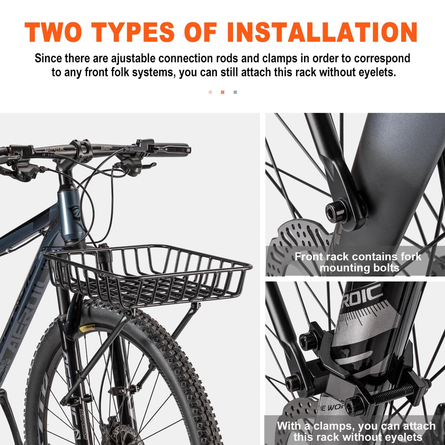 CXWXC Bike Basket Rack - Large Front Bicycle Basket with Struts - Front Mount Aluminium Bike Basket Large Capacity