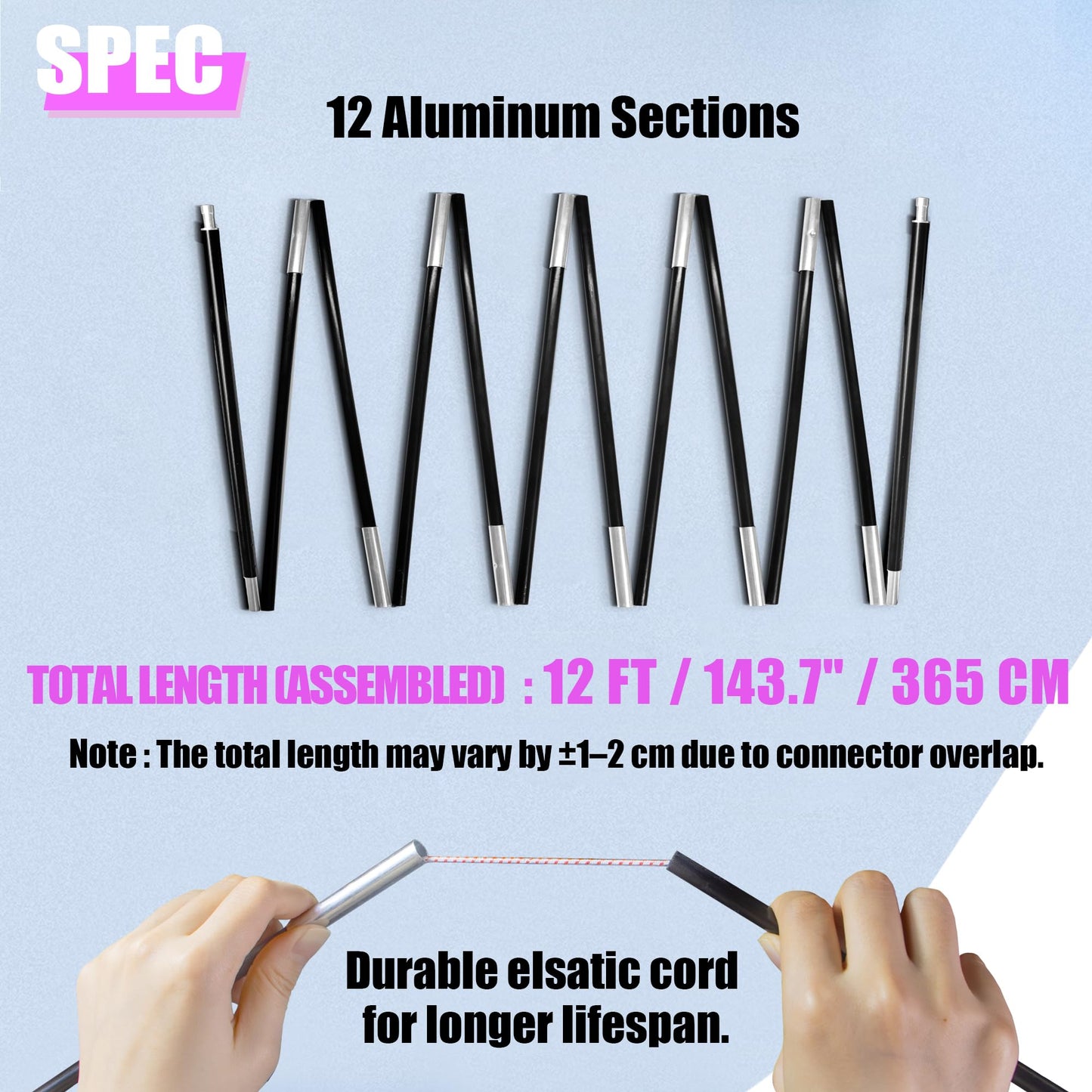 Betus Aluminum Tent Poles Replacement - Pre-Assembled Black Tent Pole for Hiking & Camping - Easy to Install Outdoor Tent Repair Rod (12Ft)