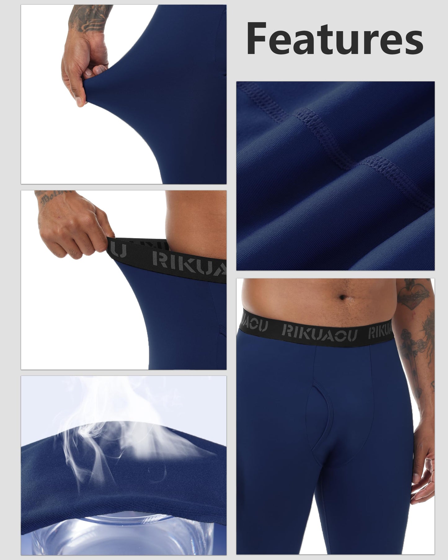 RIKUAOU Men's Thermal Underwear Bottoms, Fleece Lined Long Johns Pants with Fly, Athletic Base Layer Leggings Cold Weather Navy Blue
