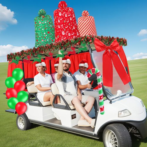 Soulchen 71 Pcs Christmas Golf Cart Decorations Xmas Gift Themed Decor Kit Jumbo Plastic Christmas Drawstring Gift Bags Balloons Tinsel Garlands Glitter Elk Banner Giant Bow for Golf Cart Supplies