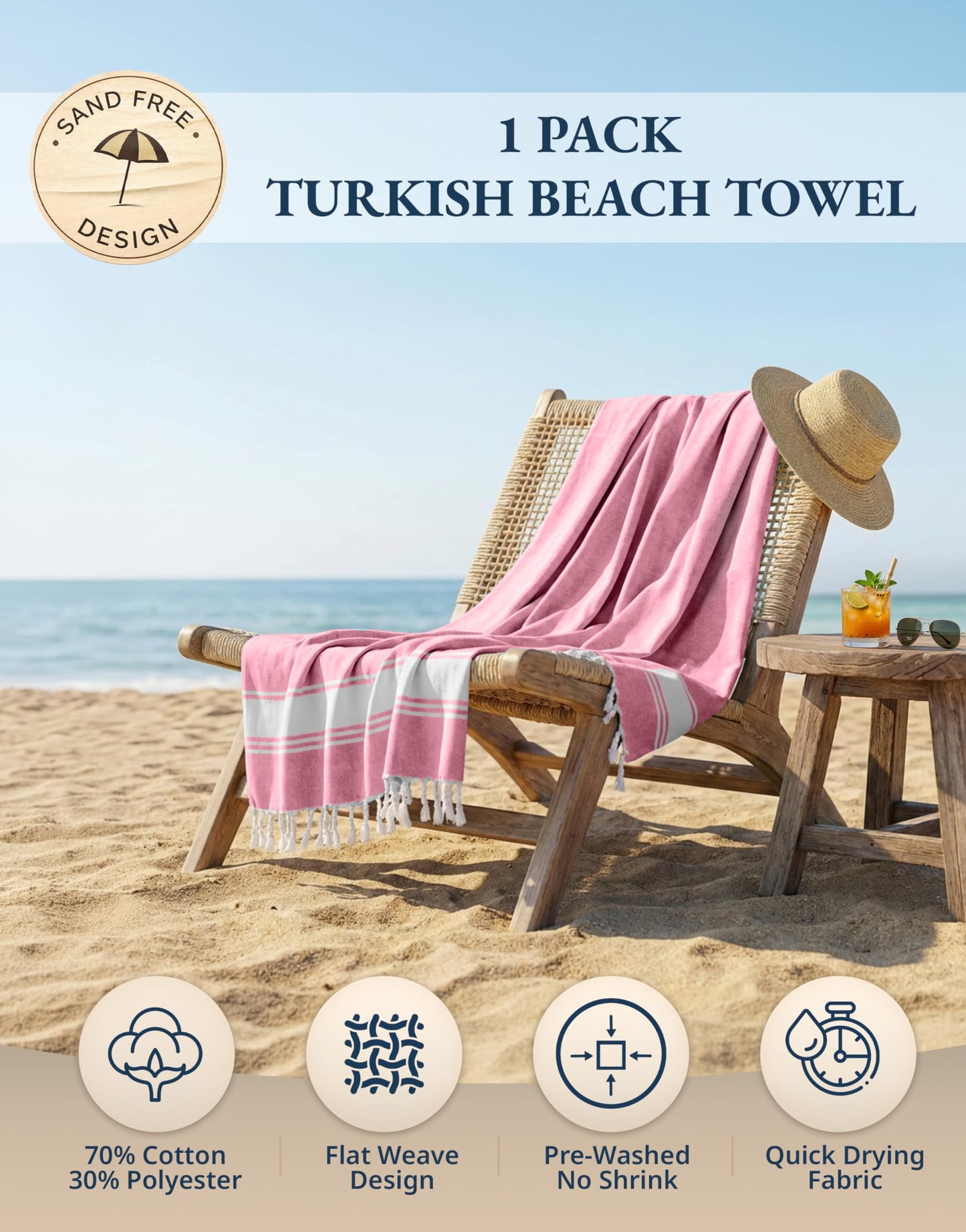 LANE LINEN Turkish Beach Towel, Oversized, 39"x71", Quick Dry - Candy Pink