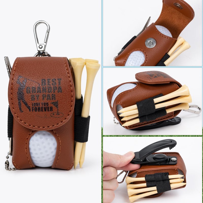 PANTIDE Father’s Day Golf Gift Set for Men Dad Grandpa - Brown PU Leather Pouch with 2 Balls, 5 Wooden Tees, Divot Repair Tool, Golf Accessories Gift for Birthday Christmas Retirement