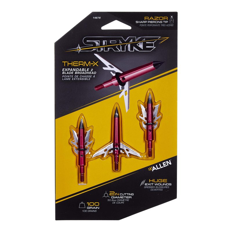 Allen Company Stryke Therm-X 2 Blade Expandable Broadhead, 100-Grain, 3-Pack, Red, One Size, (14676)